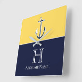 Nautic Navy Blue Mustard Yellow Anchor Monogram Quadratische Wanduhr (Winkel)