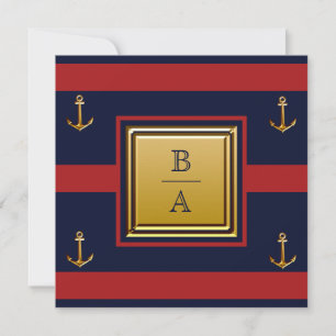 Nautic Navy Blue Red Stripes Anchor Wedding Invi Einladung