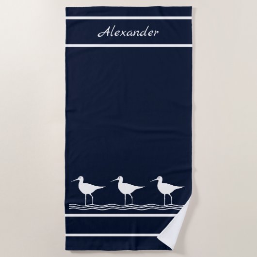 Nautic Navy Blue Sandpipers Birds Beach Handtuch (Vorderseite)