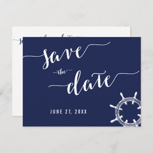 Nautic Navy Blue Save the Date Postkarten (Vorne/Hinten)