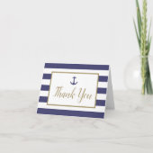 Nautic Navy Blue Stripes Anchor Gold Script Dankeskarte (Vorderseite)