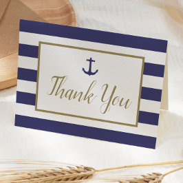 Nautic Navy Blue Stripes Anchor Gold Script Dankeskarte