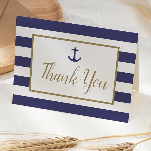 Nautic Navy Blue Stripes Anchor Gold Script Dankeskarte
