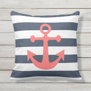 Nautic Navy Blue Stripes Coral Anchor Kissen