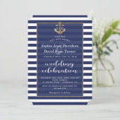 Nautic Navy Blue Stripes Gold Anker Hochzeit Einladung (Stehend Vorderseite)