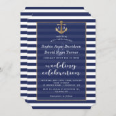 Nautic Navy Blue Stripes Gold Anker Hochzeit Einladung (Vorne/Hinten)