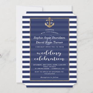 Nautic Navy Blue Stripes Gold Anker Hochzeit Einladung