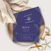Nautic Navy Blue Stripes Gold Anker Hochzeit RSVP Karte