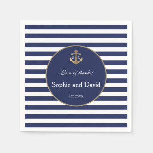 Nautic Navy Blue Stripes Gold Anker Hochzeit Serviette