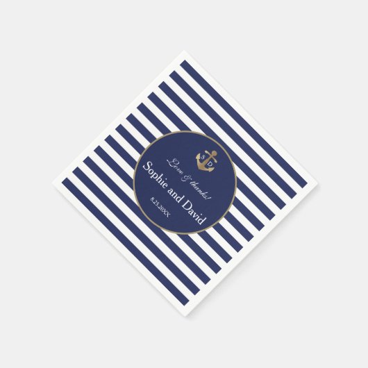 Nautic Navy Blue Stripes Gold Anker Hochzeit Serviette (Ecke)