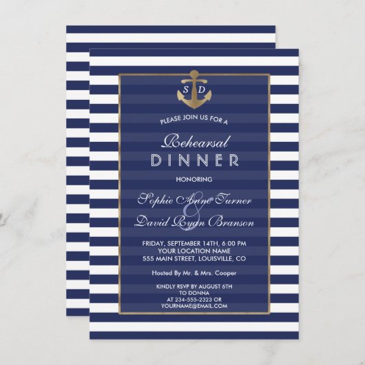 Nautic Navy Blue Stripes Gold PROBE DINNER Einladung (Vorne/Hinten)