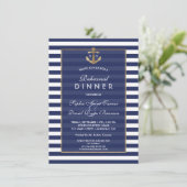 Nautic Navy Blue Stripes Gold PROBE DINNER Einladung (Stehend Vorderseite)