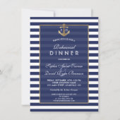 Nautic Navy Blue Stripes Gold PROBE DINNER Einladung (Vorderseite)