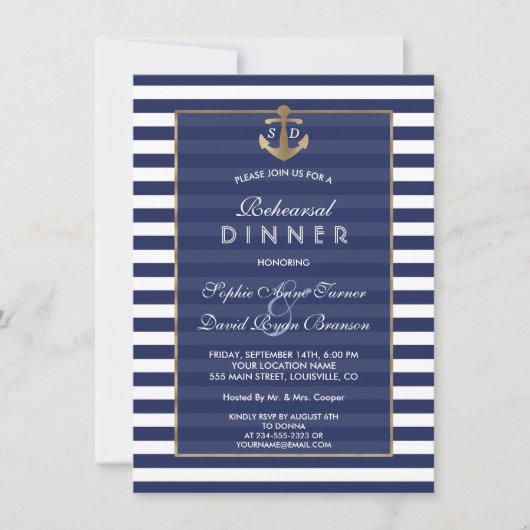 Nautic Navy Blue Stripes Gold PROBE DINNER Einladung (Vorderseite)