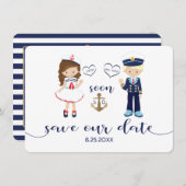 Nautic Navy Blue Stripes Gold Save the Date (Vorne/Hinten)