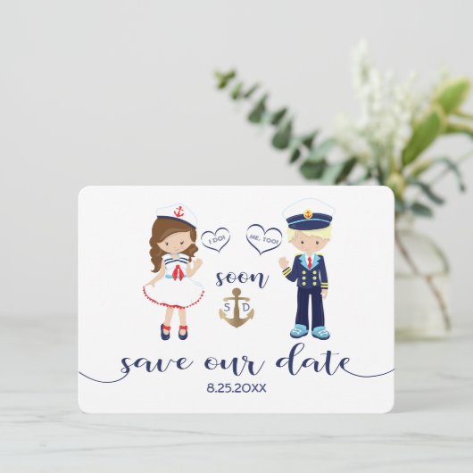 Nautic Navy Blue Stripes Gold Save the Date (Stehend Vorderseite)