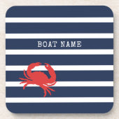 Nautic Navy Blue Stripes Red Crab Boat Name Getränkeuntersetzer (Vorderseite)