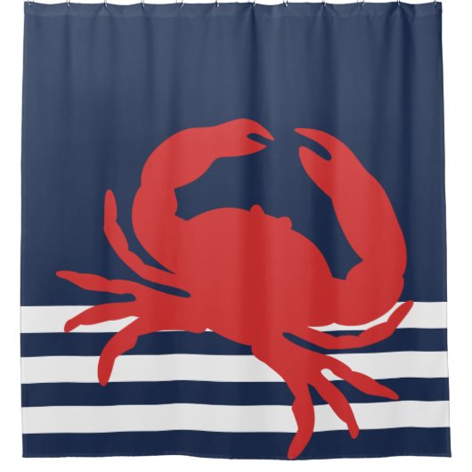 Nautic Navy Blue Stripes Red Crab Duschvorhang (Vorderseite)