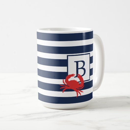 Nautic Navy Blue Stripes Red Crab Monogram Coffe Kaffeetasse (VorderseiteRechts)