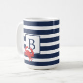 Nautic Navy Blue Stripes Red Crab Monogram Coffe Kaffeetasse (Vorderseite Links)