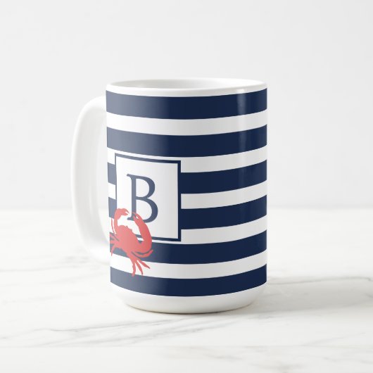 Nautic Navy Blue Stripes Red Crab Monogram Coffe Kaffeetasse (Vorderseite Links)