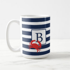 Nautic Navy Blue Stripes Red Crab Monogram Coffe Kaffeetasse