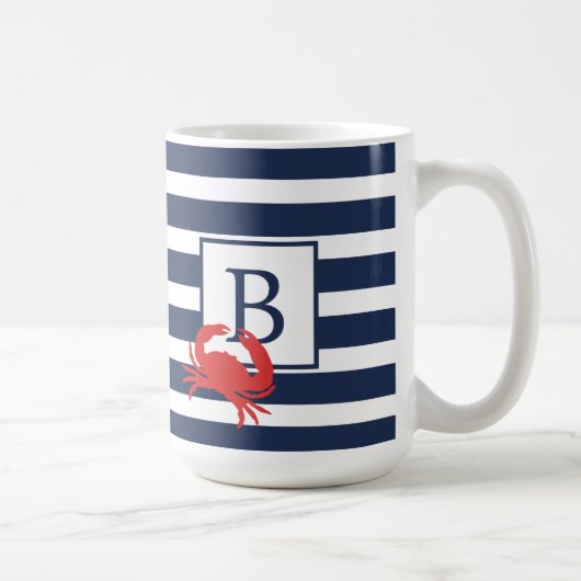 Nautic Navy Blue Stripes Red Crab Monogram Coffe Kaffeetasse (Rechts)
