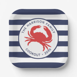 Nautic Navy Blue Stripes Red Crab Pappteller