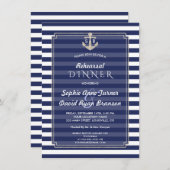 Nautic Navy Blue Stripes Silver PROBE DINNER Einladung (Vorne/Hinten)