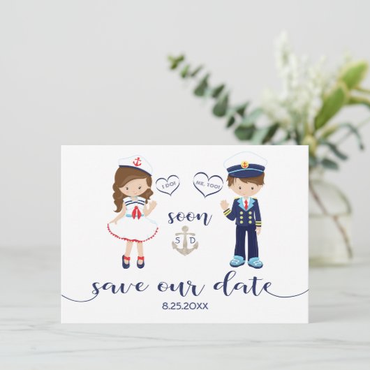 Nautic Navy Blue Stripes Silver Save the Date (Stehend Vorderseite)