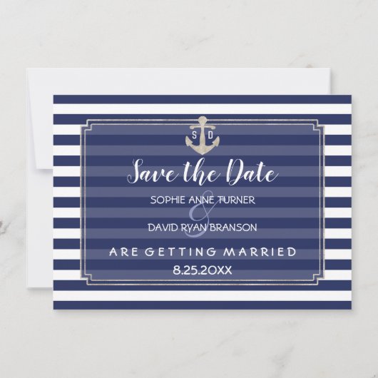 Nautic Navy Blue Stripes Silver Save the Date (Rückseite)