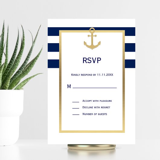 Nautic Navy Blue Stripes UAWG Wedding RSVP Karte