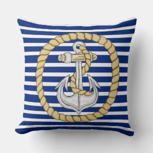 Nautic Navy Blue Striping Anchor 3 Square Pillow Kissen