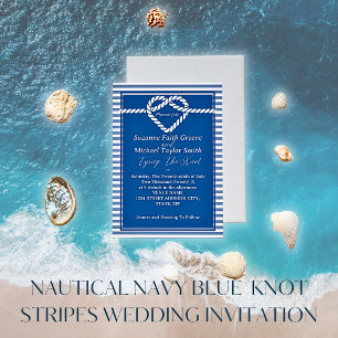 Nautic Navy Blue Tying Stripes Wedding Einladung