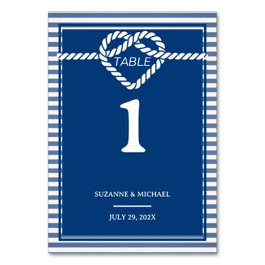 Nautic Navy Blue Tying Stripes Wedding Tischnummer (Vorderseite)