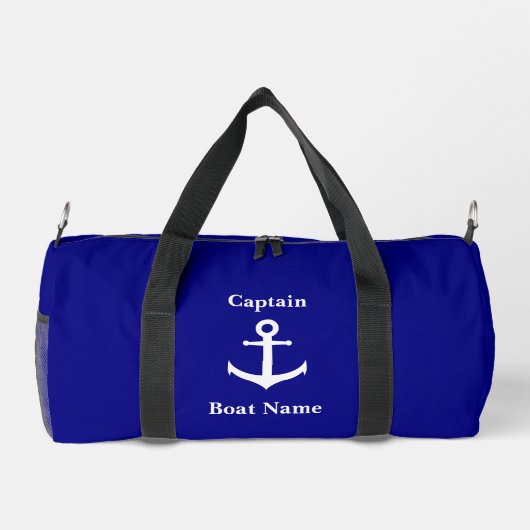 Nautic Navy Blue White Anchor Boat Name Captain Duffle Bag (Rückseite)