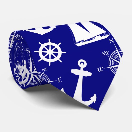 Nautic Navy Blue White Pattern Krawatte (Gerollt)