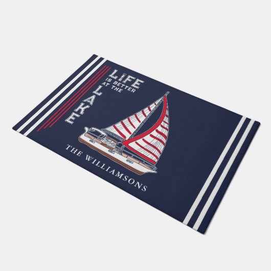 Nautic Navy Blue White Red Sail Boat Lake House Fußmatte (Schrägansicht)