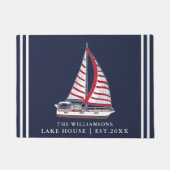 Nautic Navy Blue White Sail Boat Lake House Fußmatte (Vorderseite)
