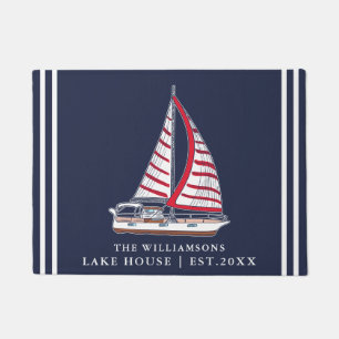 Nautic Navy Blue White Sail Boat Lake House Fußmatte