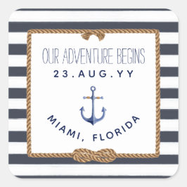 Nautic Navy Blue & White Striped Wedding Quadratischer Aufkleber