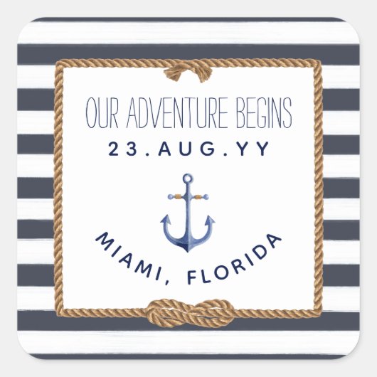 Nautic Navy Blue & White Striped Wedding Quadratischer Aufkleber (Vorderseite)