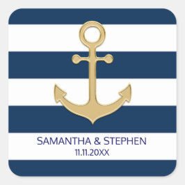 Nautic Navy Blue White Stripes Gold Anker Quadratischer Aufkleber