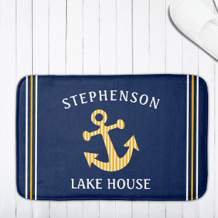 Nautic Navy Blue White Yellow Custom Family Lake Badematte