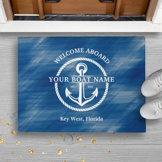 Nautic Navy Blue Willkommensschiff Name Anchor Fußmatte (Nautical Navy Blue Welcome Aboard Boat Name Anchor Doormat)
