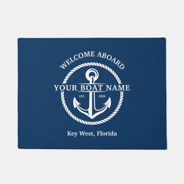 Nautic Navy Blue Willkommensschiff Name Anchor Fußmatte (Vorderseite)