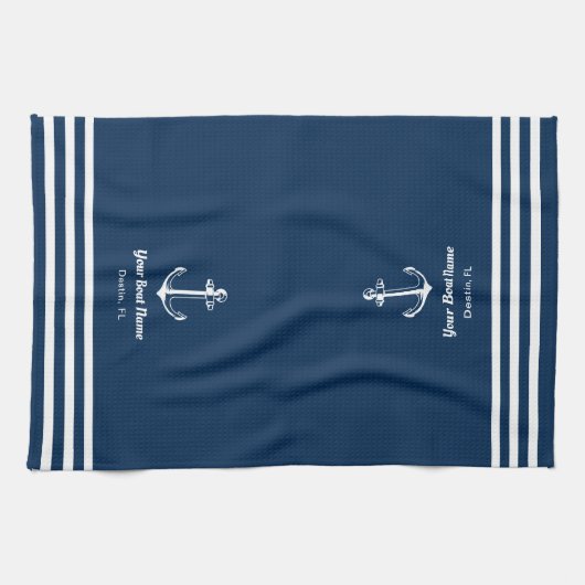 Nautic Navy Blue Willkommensschiff Name Anchor Geschirrtuch (Horizontal)