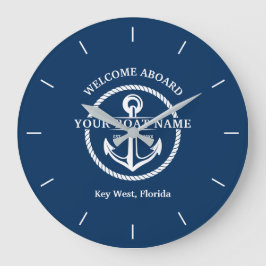 Nautic Navy Blue Willkommensschiff Name Anchor Große Wanduhr