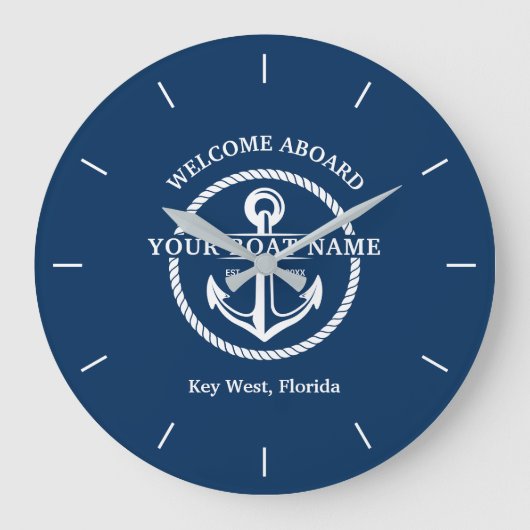 Nautic Navy Blue Willkommensschiff Name Anchor Große Wanduhr (Vorderseite)