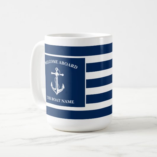Nautic Navy Blue Willkommensschiff Name Anchor Kaffeetasse (Vorderseite Links)